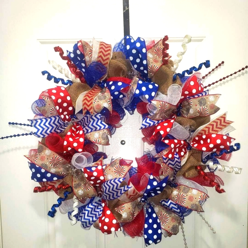 Red white and blue deco mesh wreath 4th of July Veterans day Presidents day